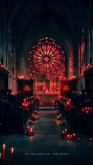 A candlelit chapel aisle leading to a red rose window