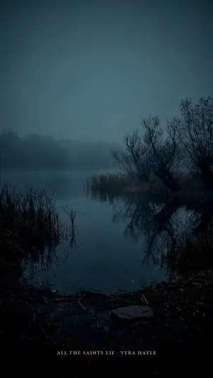 A black lake in thick fog between bare trees