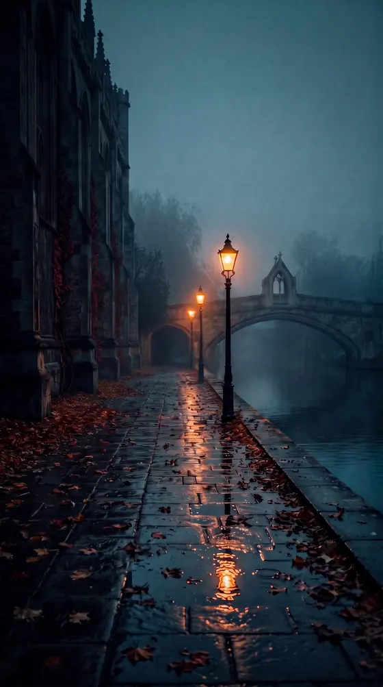 A wet towpath with gas lamps and fallen leaves leading to a stone bridge in the fog
